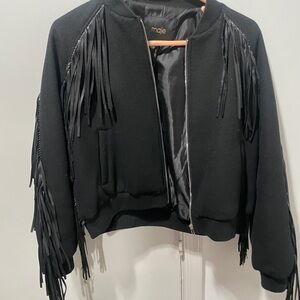 Maje Black Bomber Jacket with Fringe